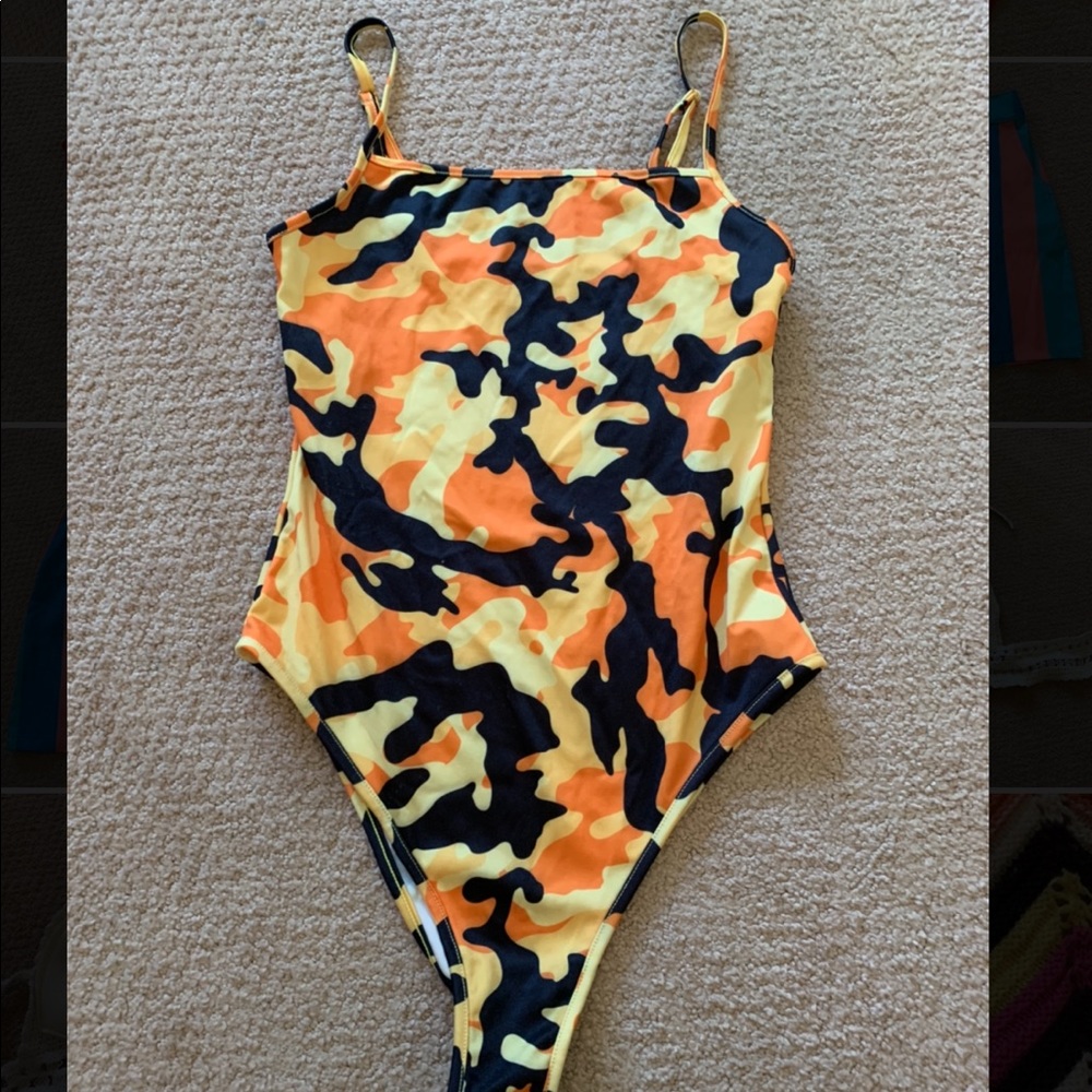 ORANGE & BLACK CAMO BODYSUIT/SWIMSUIT